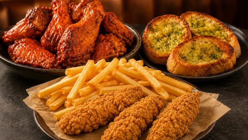 Haida chicken strips, wings, fries and garlic bread