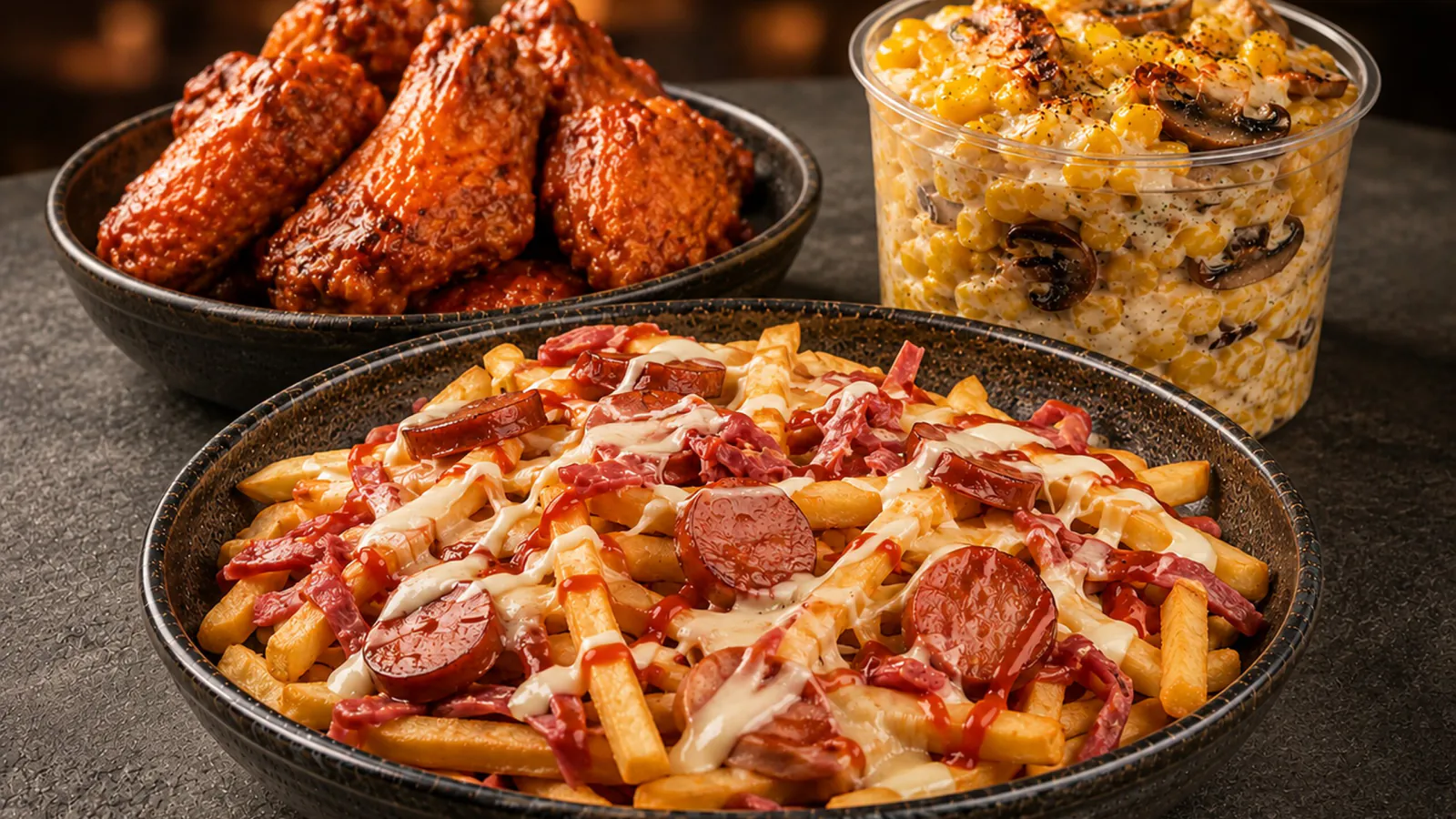 Haida Royal Fries, wings and Mexican corn